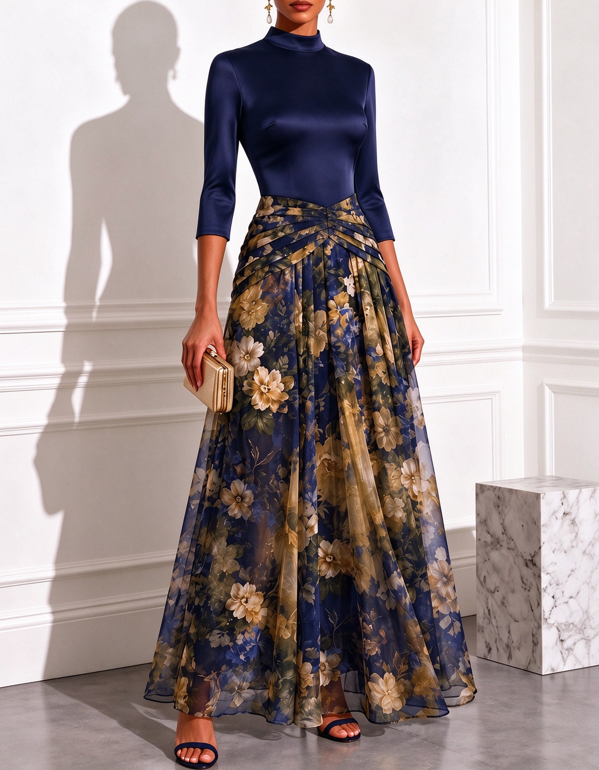 Abito lungo svasato in chiffon di raso con stampa floreale, collo alto e maniche a 3/4