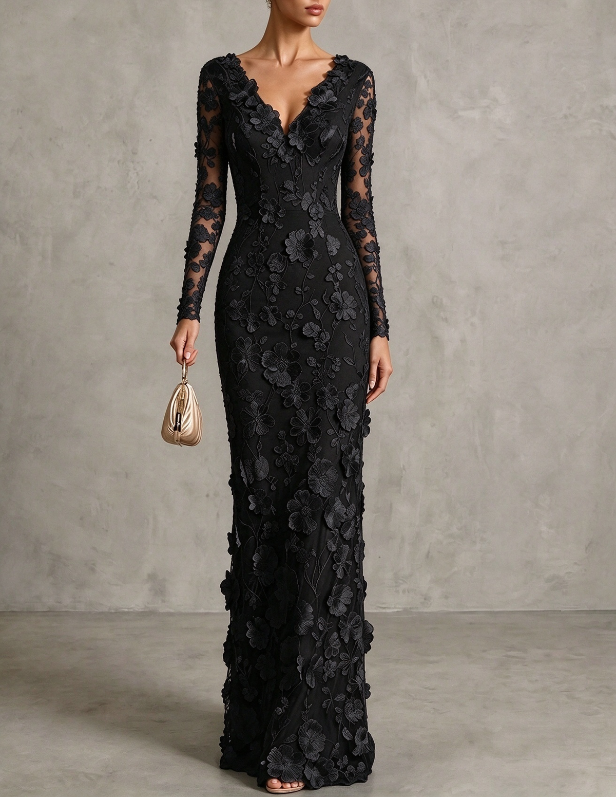 Vestido maxi de noite sereia em renda floral 3D, com decote em V e mangas compridas