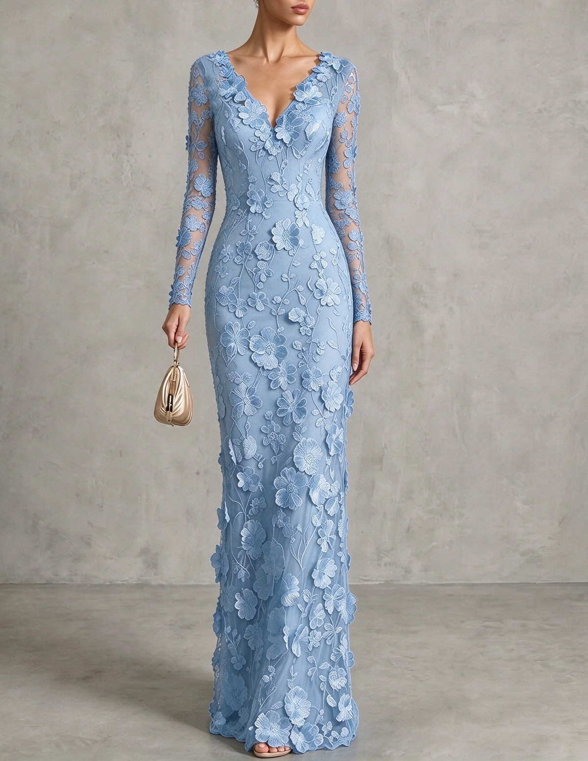 Vestido maxi de noite sereia em renda floral 3D, com decote em V e mangas compridas