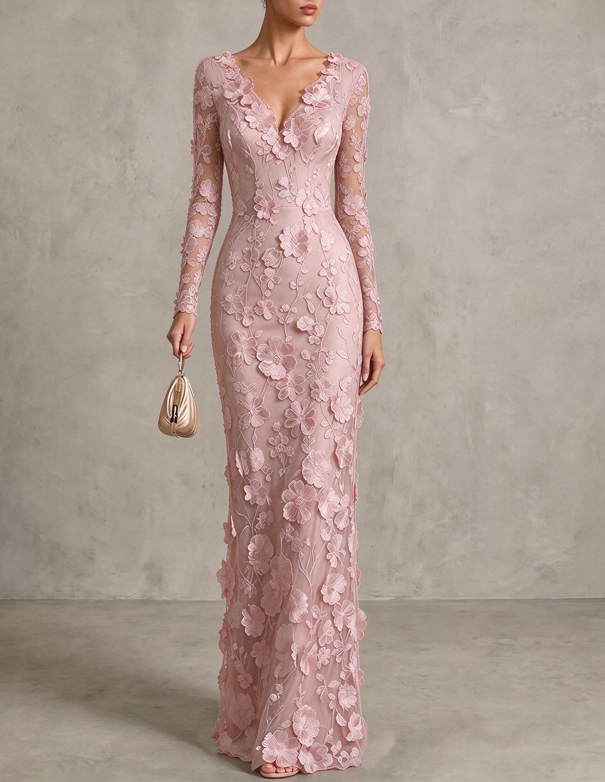 Vestido maxi de noite sereia em renda floral 3D, com decote em V e mangas compridas