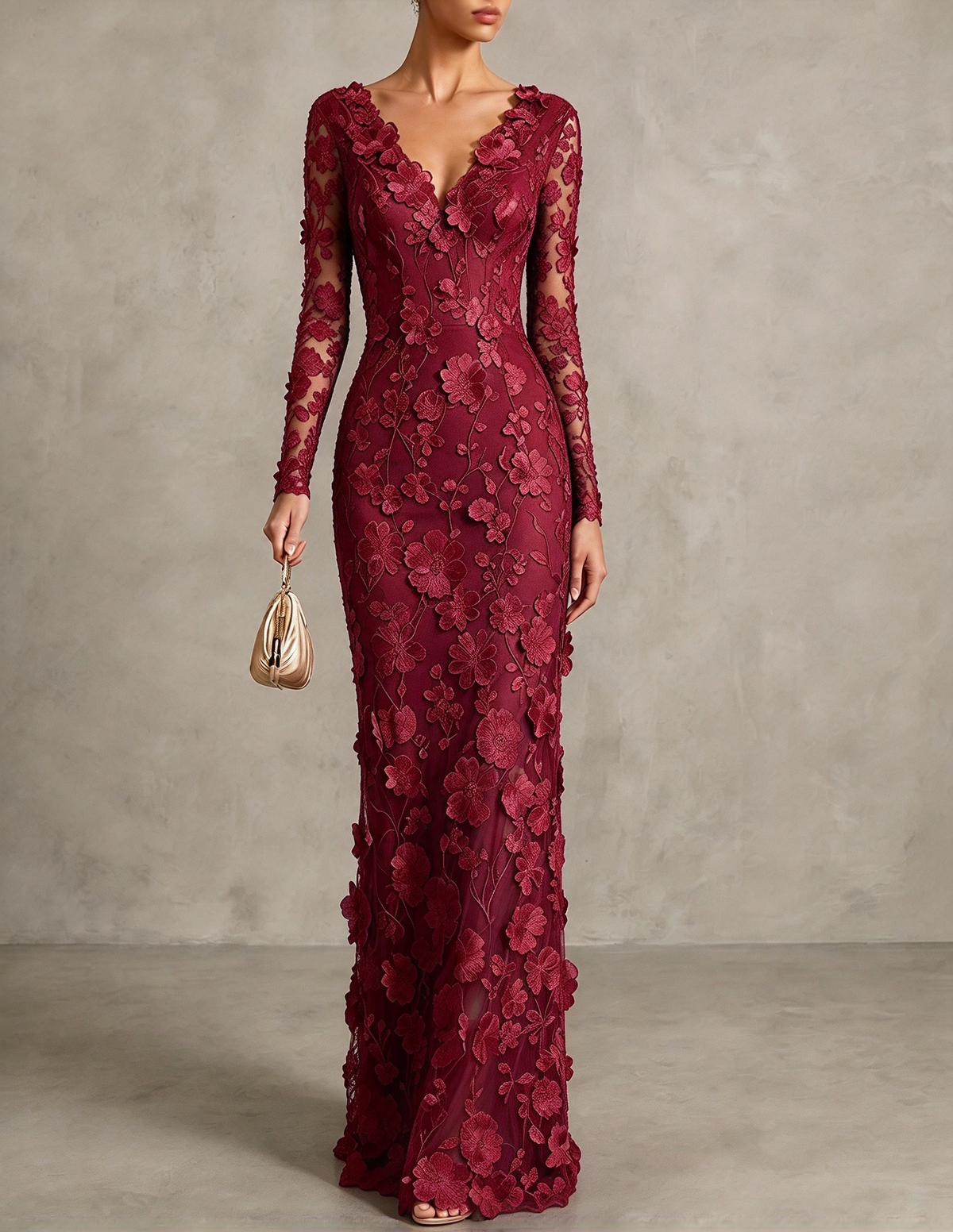 Vestido maxi de noite sereia em renda floral 3D, com decote em V e mangas compridas