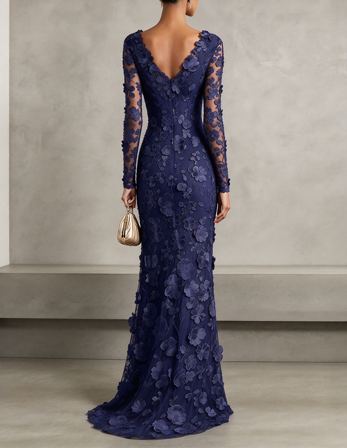 Vestido maxi de noite sereia em renda floral 3D, com decote em V e mangas compridas