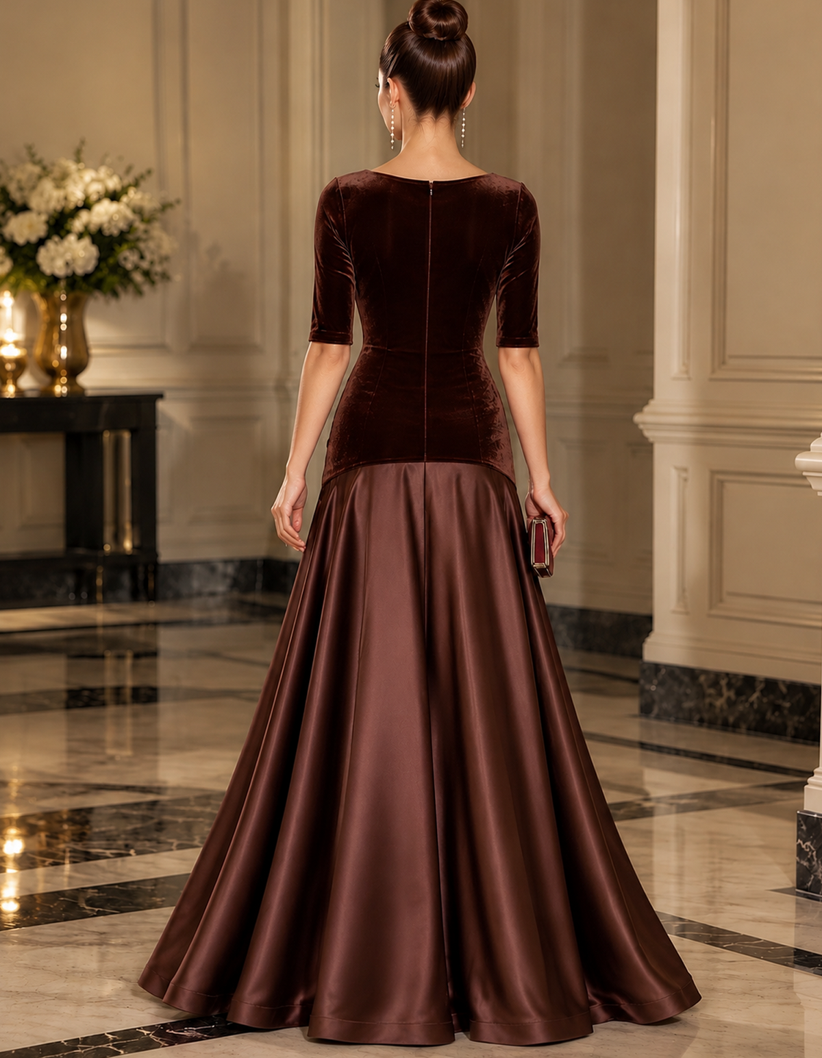 Velvet Satin Mix V-Neck Maxi Dress