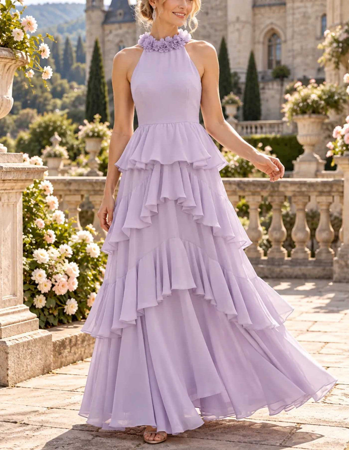 Maxi-jurk van chiffon met halterhals, 3D-bloemen en laagjes