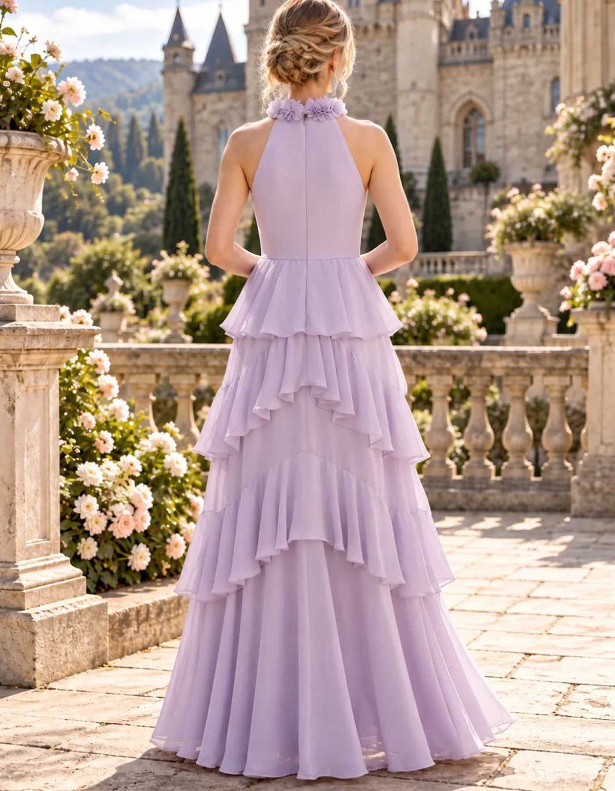 Maxi-jurk van chiffon met halterhals, 3D-bloemen en laagjes