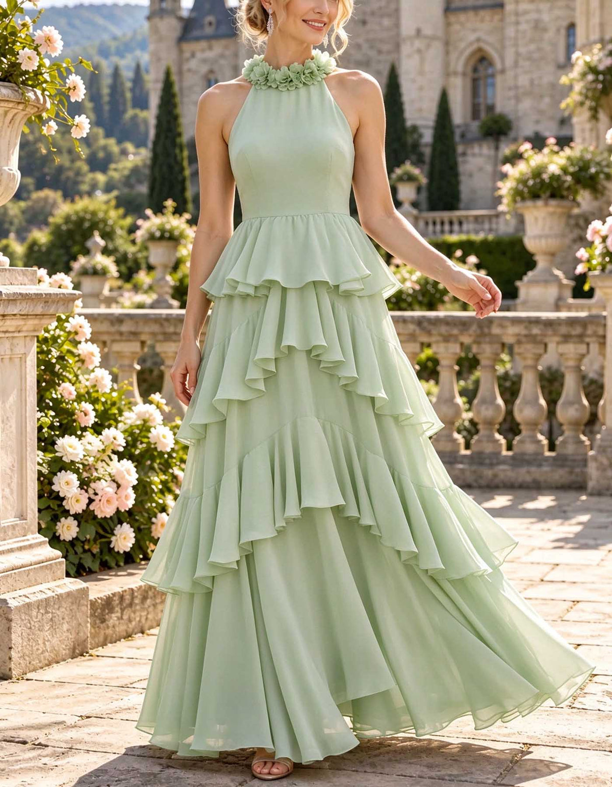 Maxi-jurk van chiffon met halterhals, 3D-bloemen en laagjes