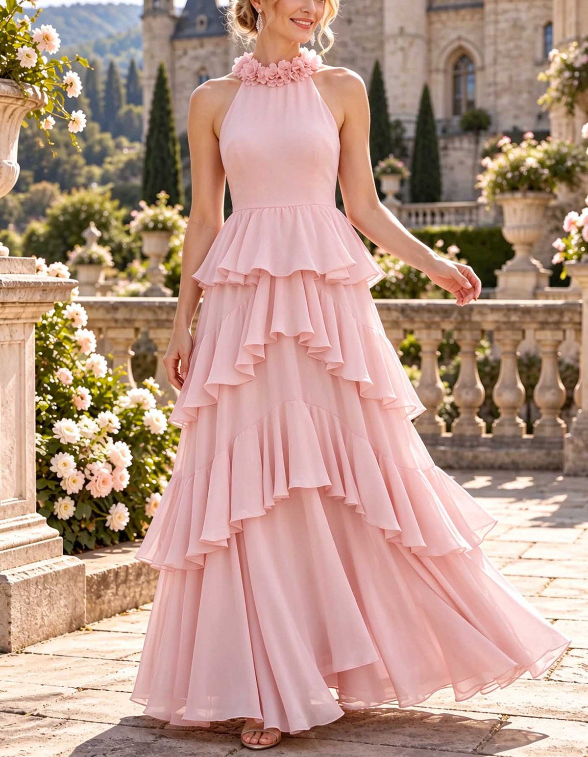 Maxi-jurk van chiffon met halterhals, 3D-bloemen en laagjes