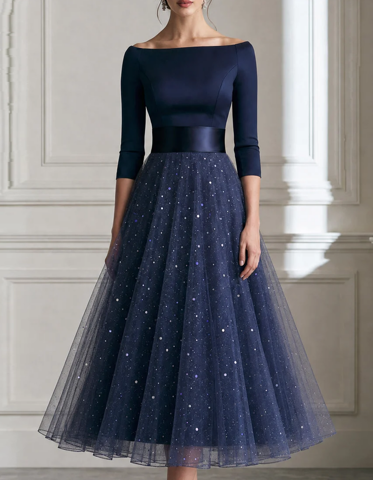 Off The Shoulder 3/4 Sleeve Satin Bodice Sequin Tulle Midi Dress