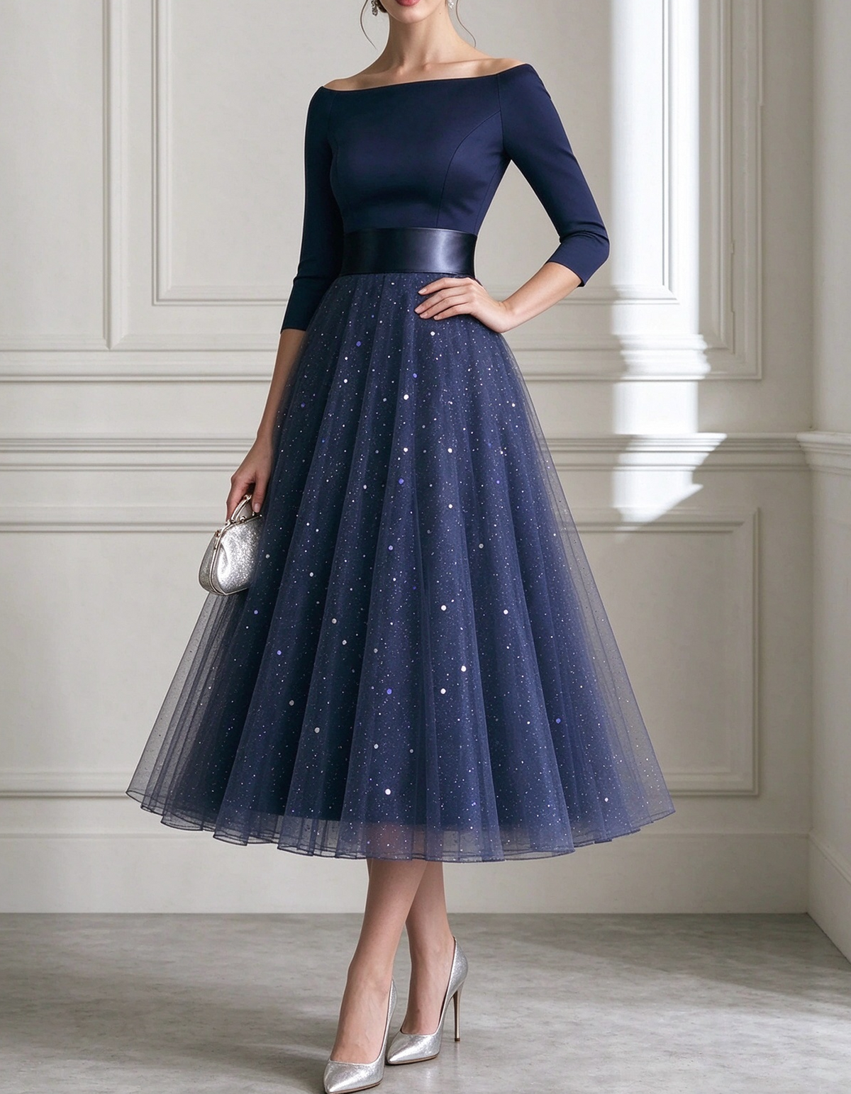 Off The Shoulder 3/4 Sleeve Satin Bodice Sequin Tulle Midi Dress