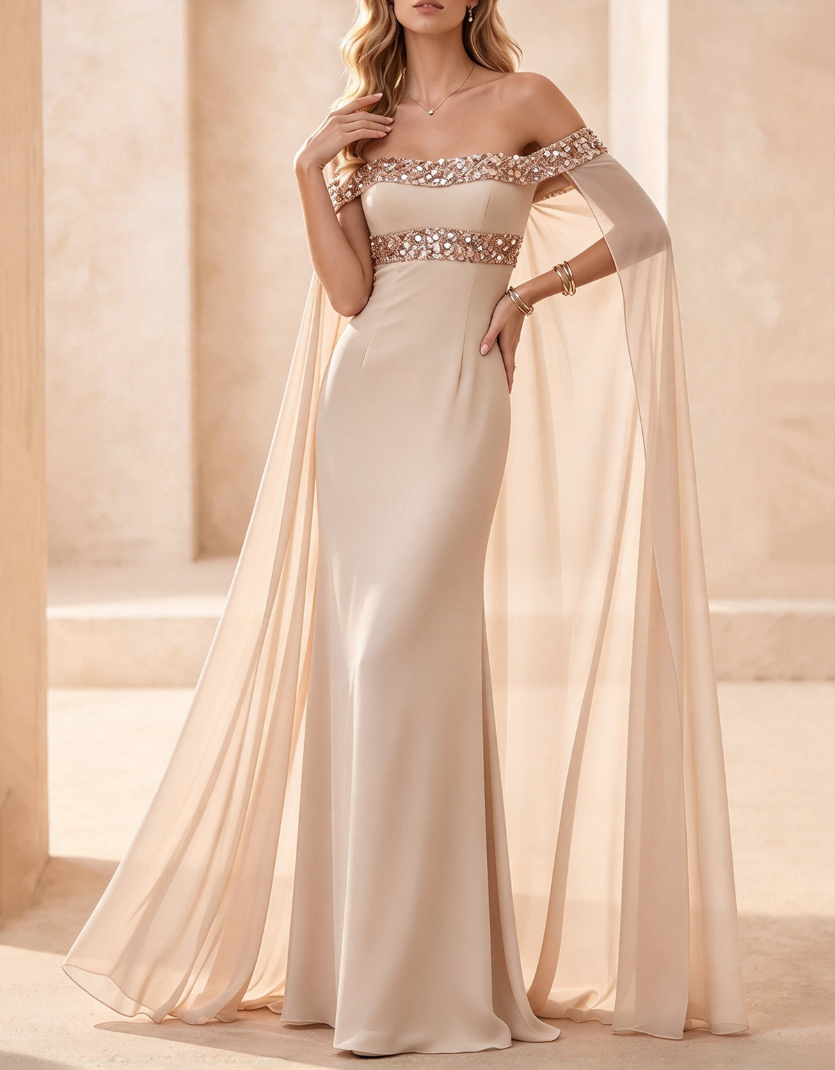 Robe longue sirène en mousseline avec cape, épaules dénudées et bordure à sequins