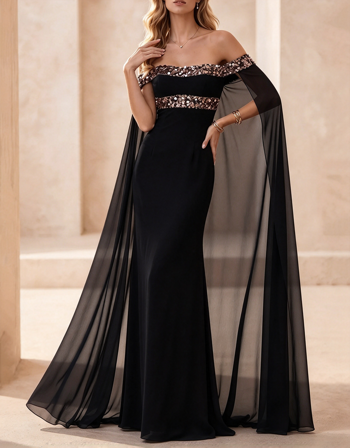 Robe longue sirène en mousseline avec cape, épaules dénudées et bordure à sequins