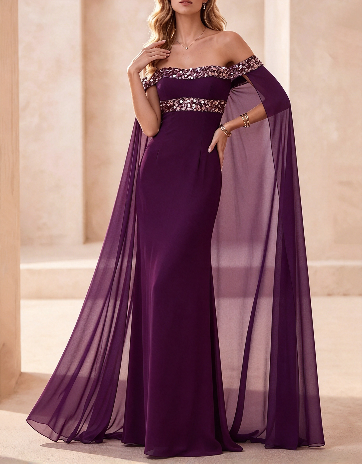 Robe longue sirène en mousseline avec cape, épaules dénudées et bordure à sequins