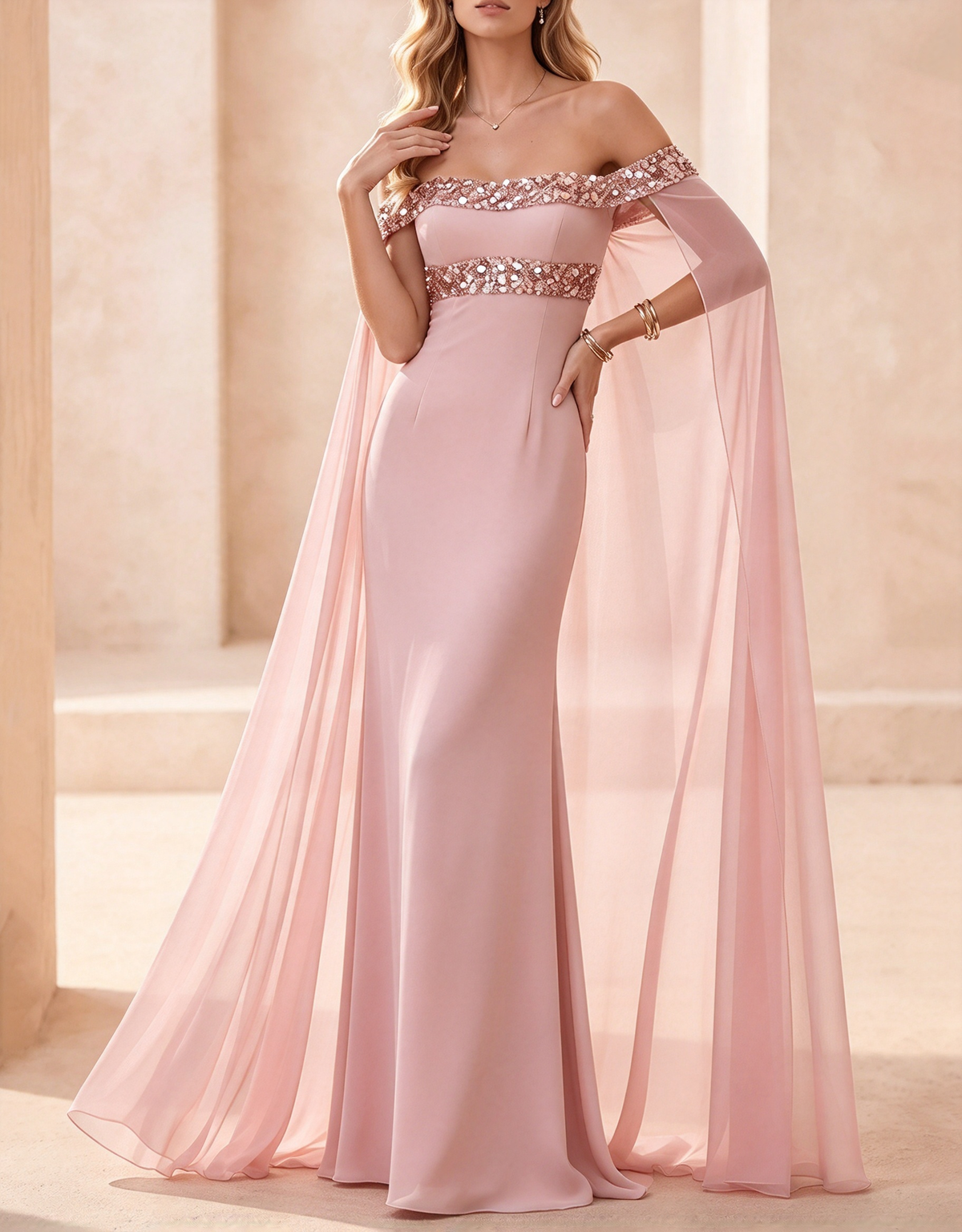 Robe longue sirène en mousseline avec cape, épaules dénudées et bordure à sequins