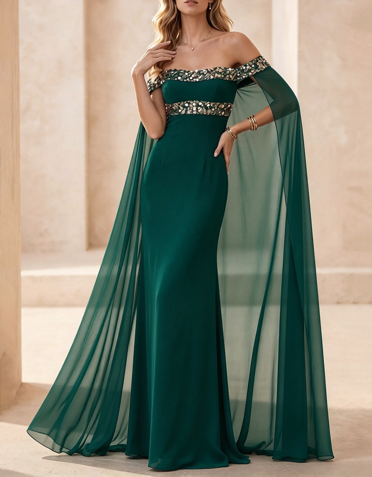 Robe longue sirène en mousseline avec cape, épaules dénudées et bordure à sequins