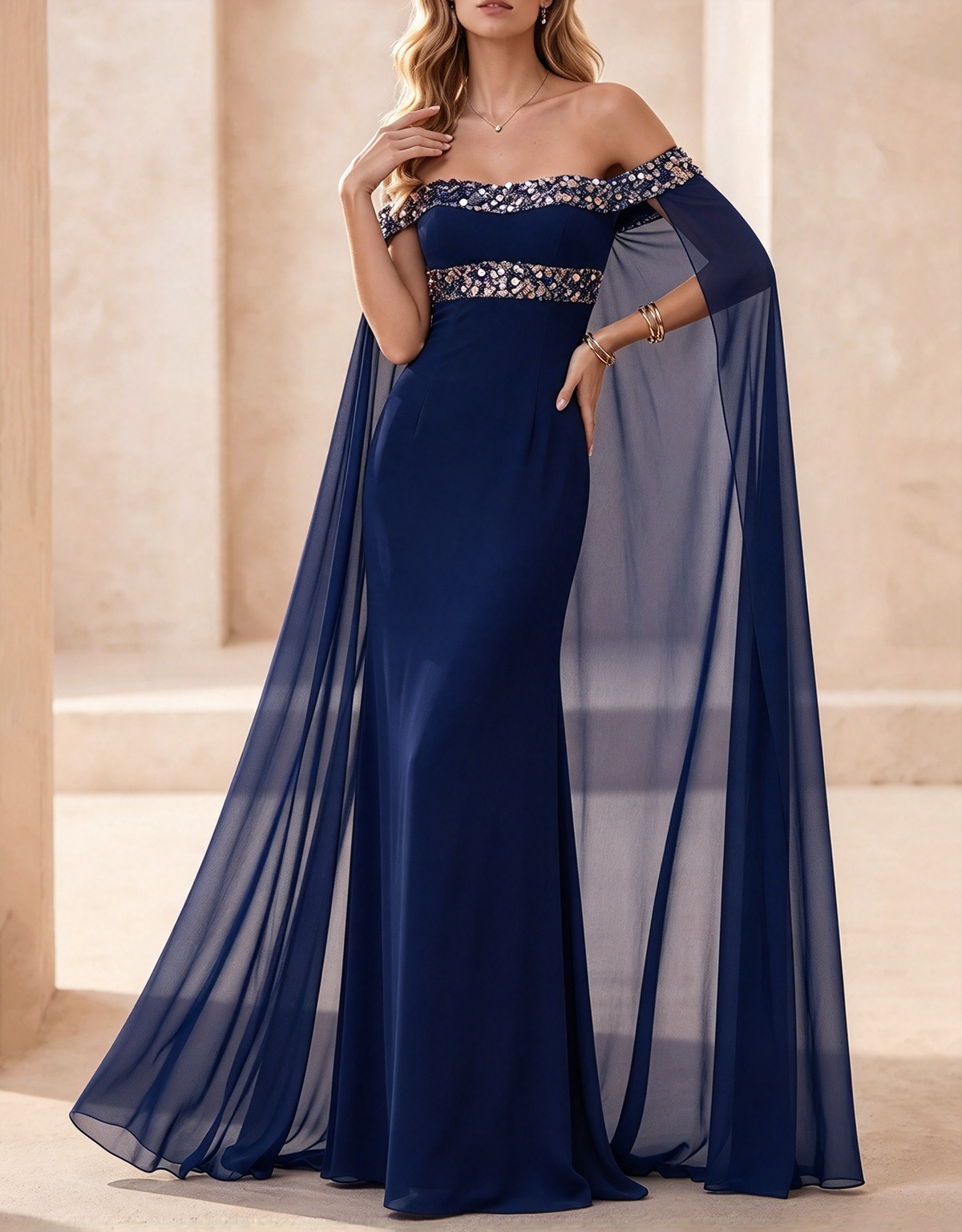 Robe longue sirène en mousseline avec cape, épaules dénudées et bordure à sequins