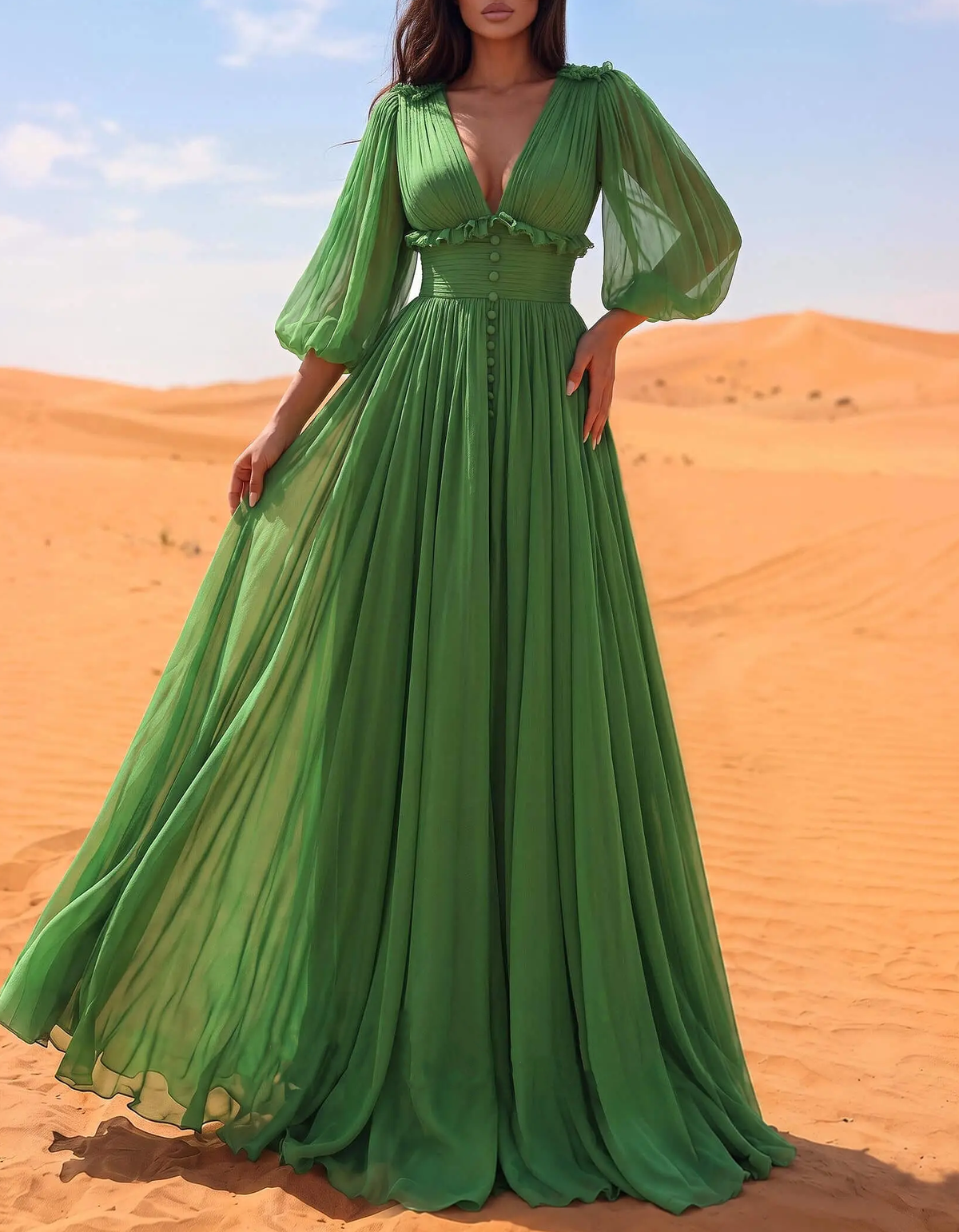 Vestido largo de gasa, corte evasé, con escote en V pronunciado y mangas abullonadas