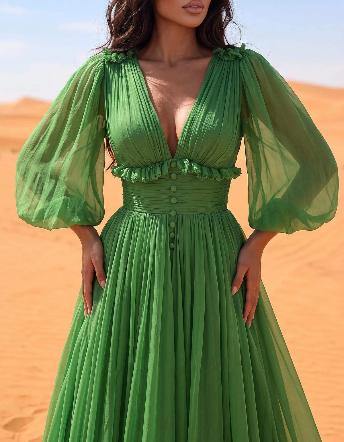 Vestido largo de gasa, corte evasé, con escote en V pronunciado y mangas abullonadas