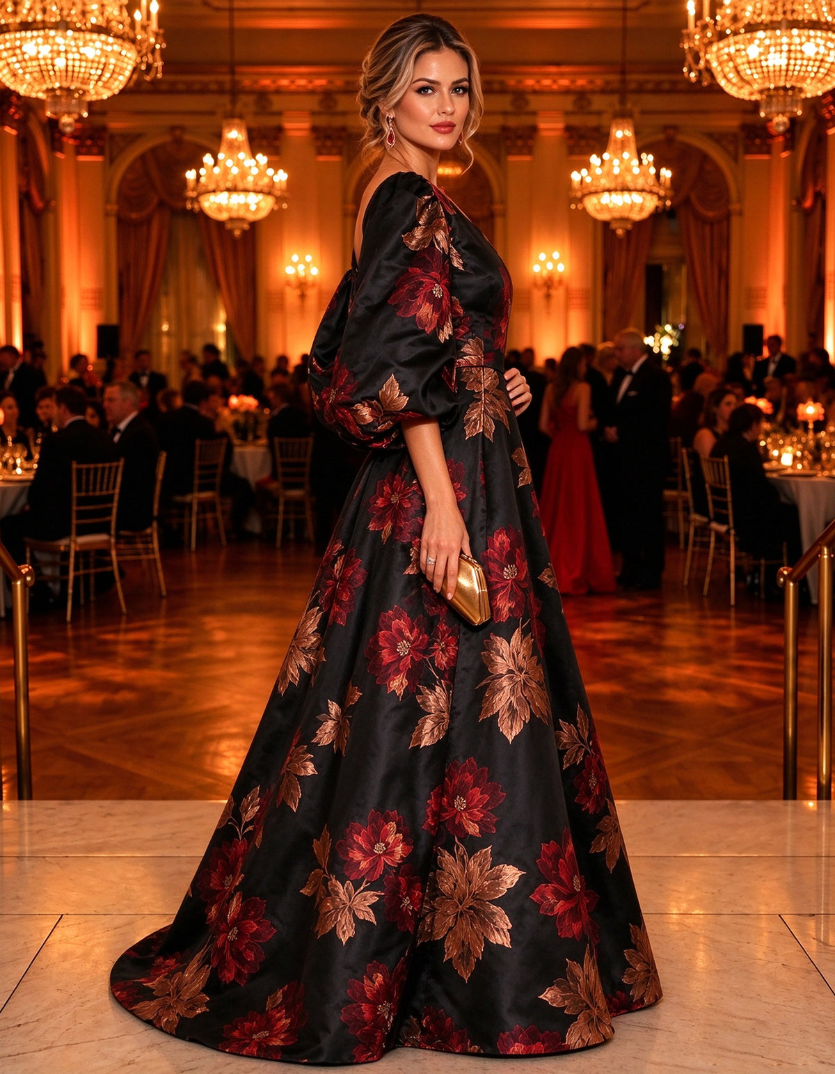 Robe longue noire à imprimé floral, épaules dénudées et manches bouffantes