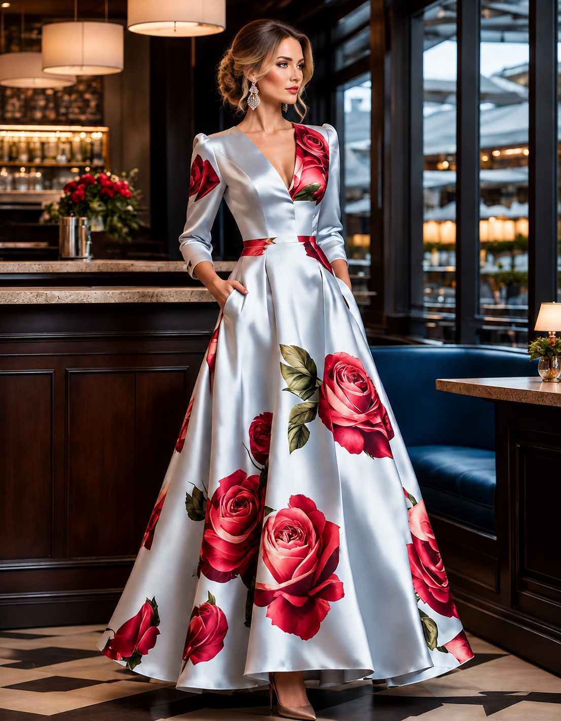 Vestido largo de satén azul claro con escote en V y estampado de rosas