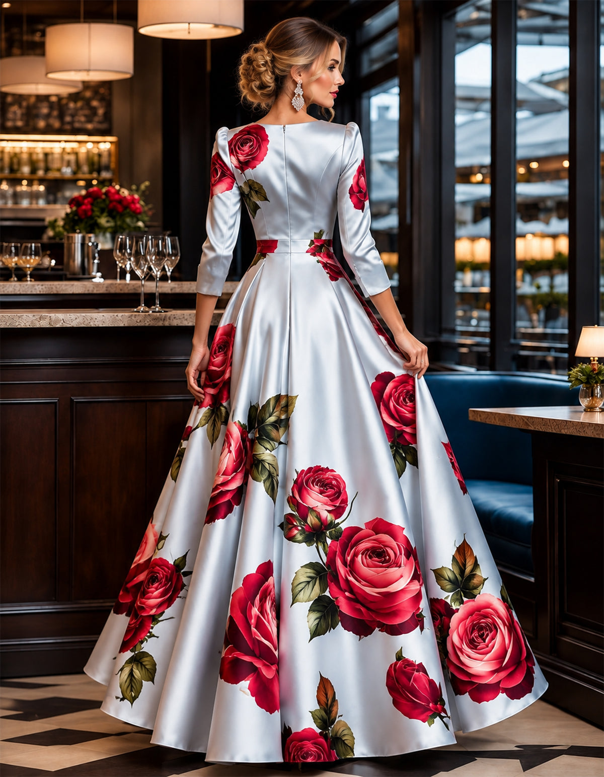 Vestido largo de satén azul claro con escote en V y estampado de rosas