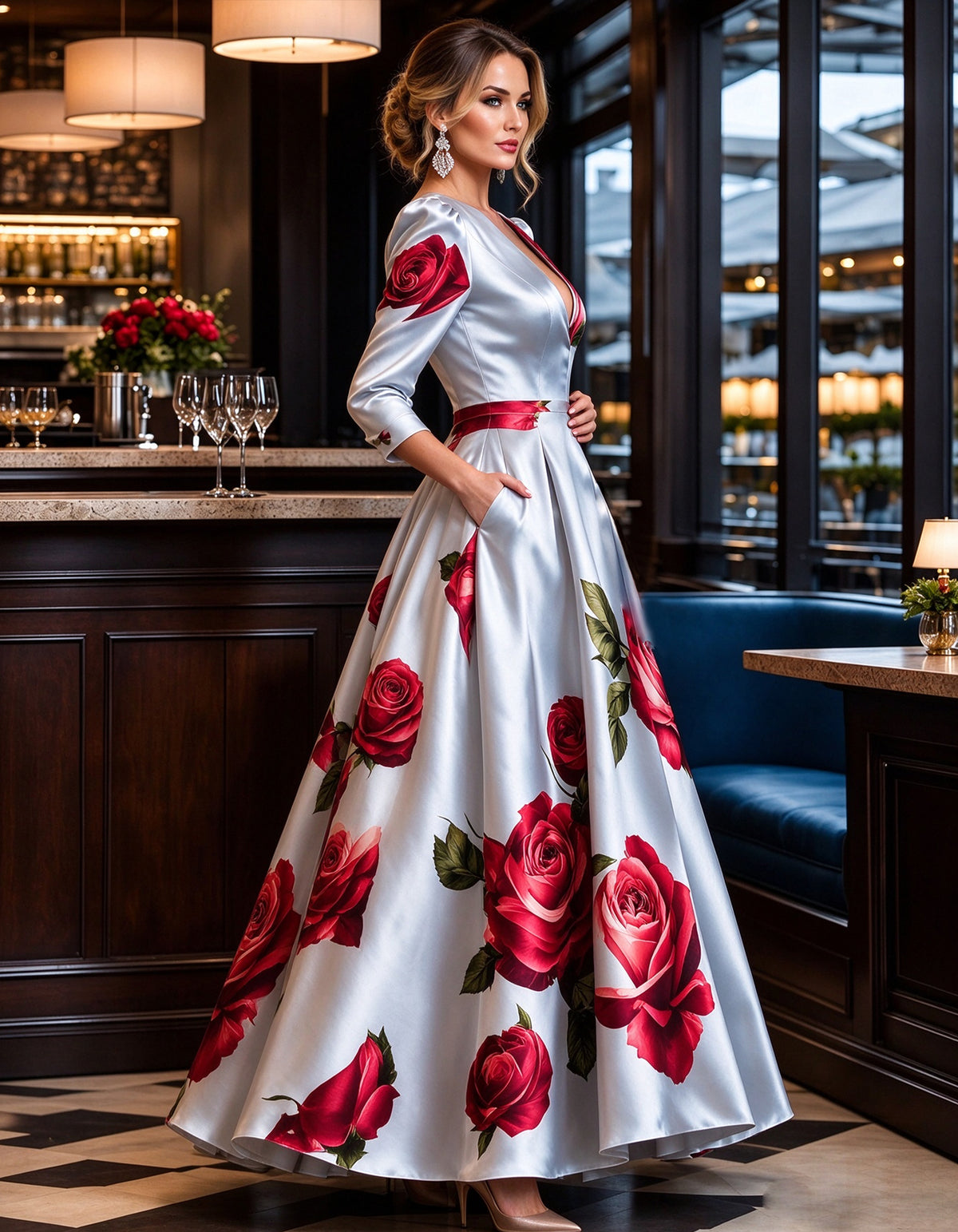 Vestido largo de satén azul claro con escote en V y estampado de rosas