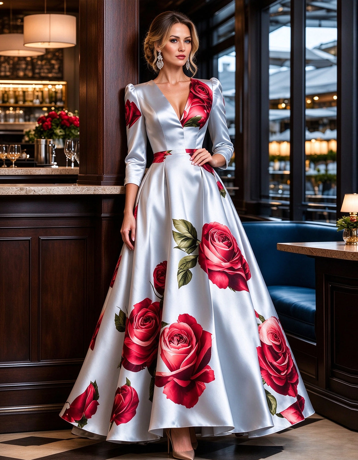 Vestido largo de satén azul claro con escote en V y estampado de rosas