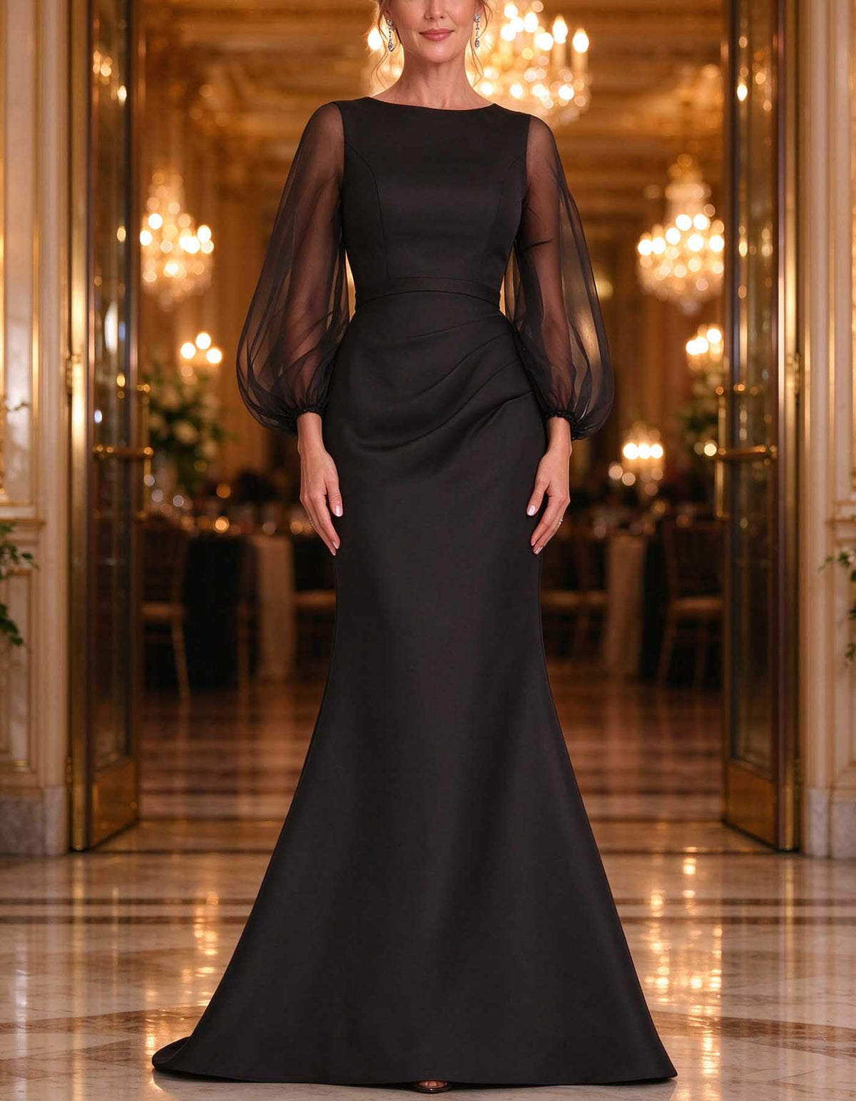 Vestido largo de satén con escote barco, tul transparente y mangas abullonadas