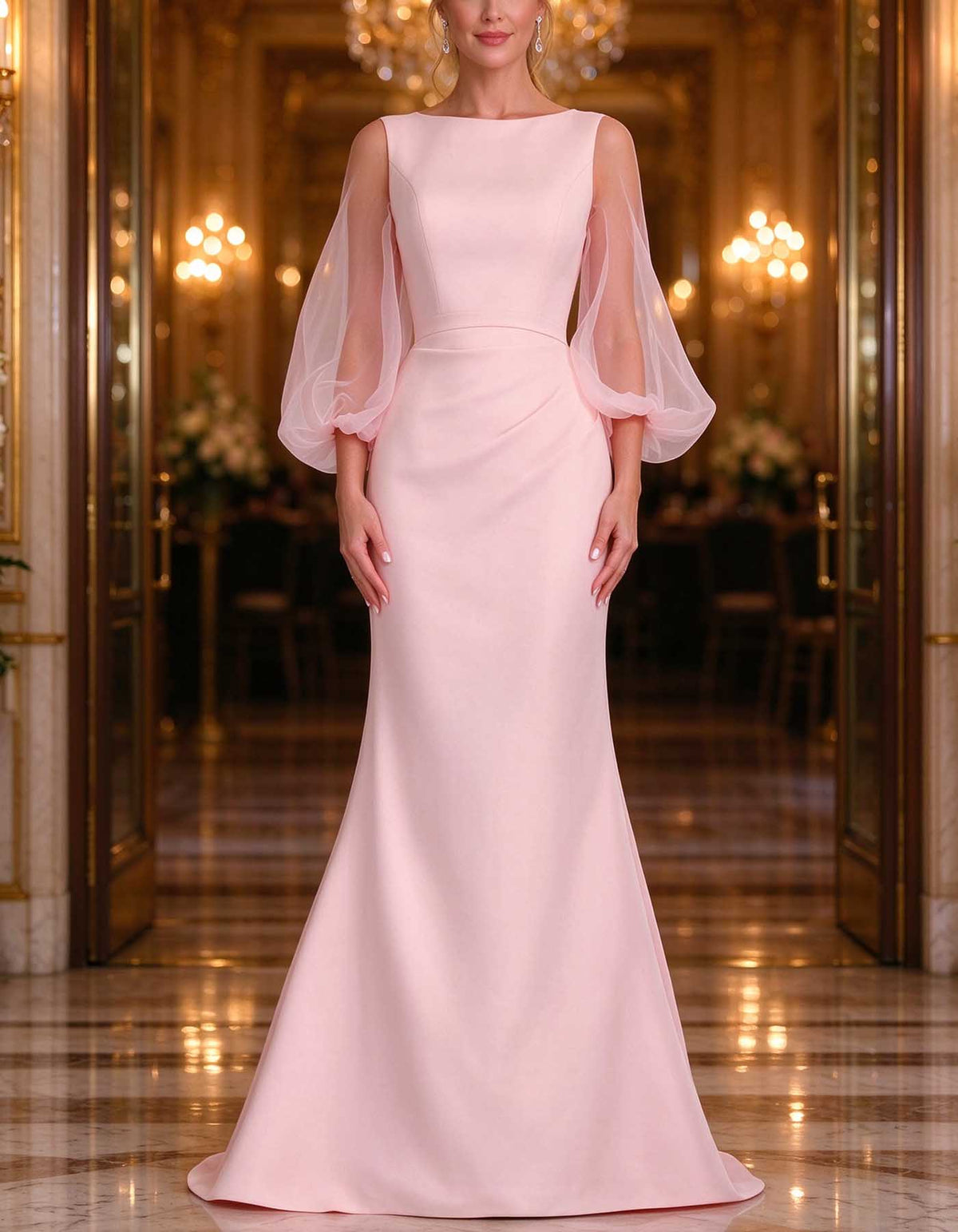 Vestido largo de satén con escote barco, tul transparente y mangas abullonadas