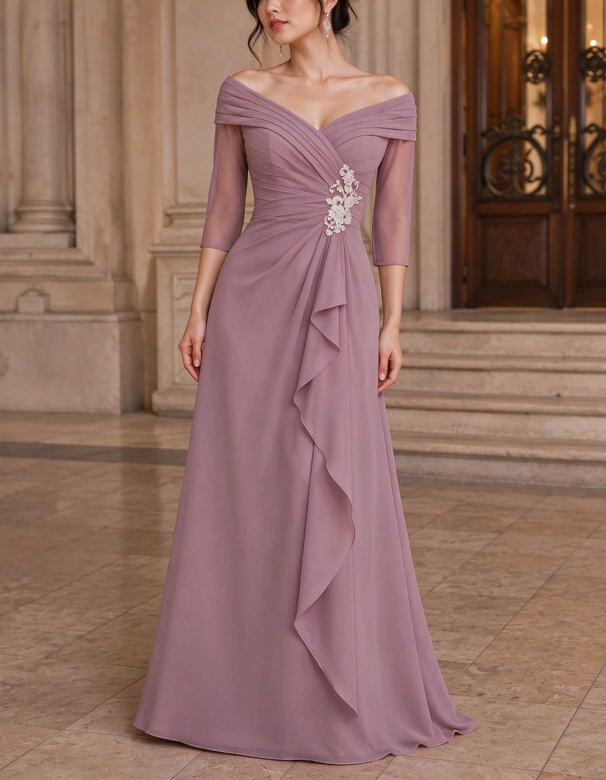 Vestido largo de gasa con escote bardot, mangas 3/4 y volantes