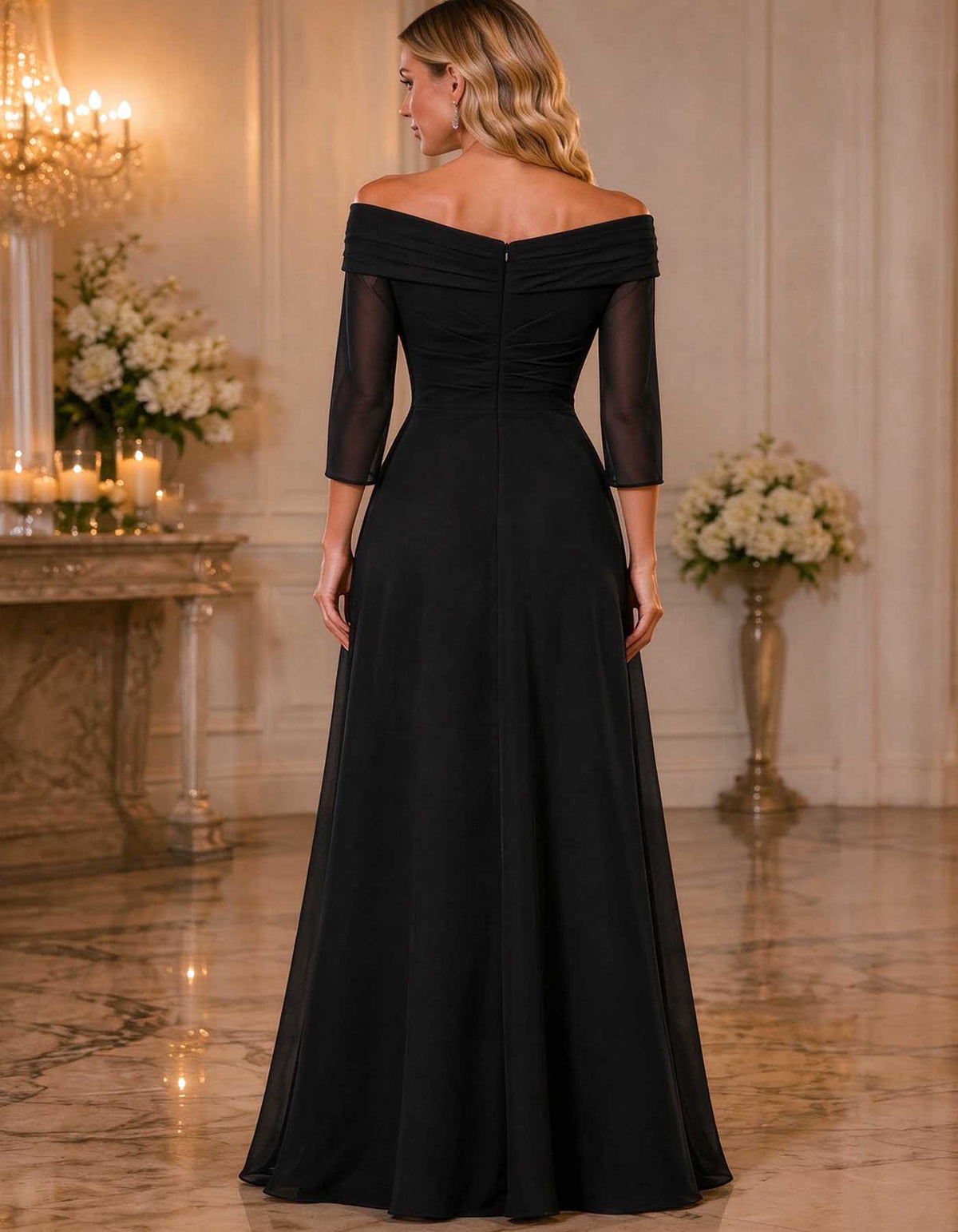 Abito lungo in chiffon con spalle scoperte, maniche a 3/4 e volant