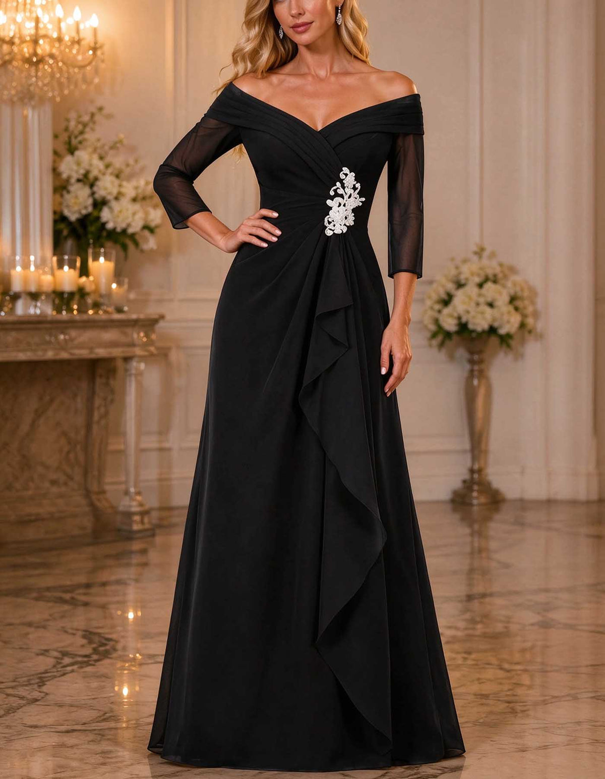 Vestido largo de gasa con escote bardot, mangas 3/4 y volantes
