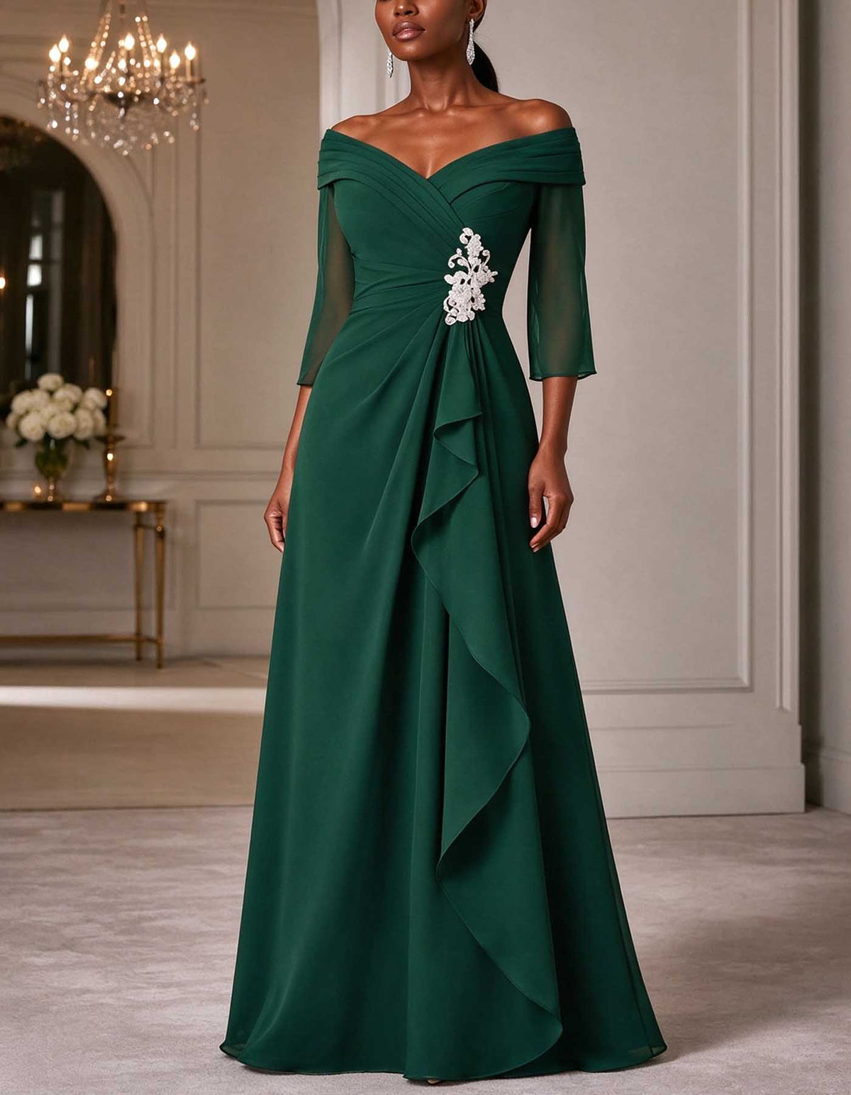 Vestido largo de gasa con escote bardot, mangas 3/4 y volantes