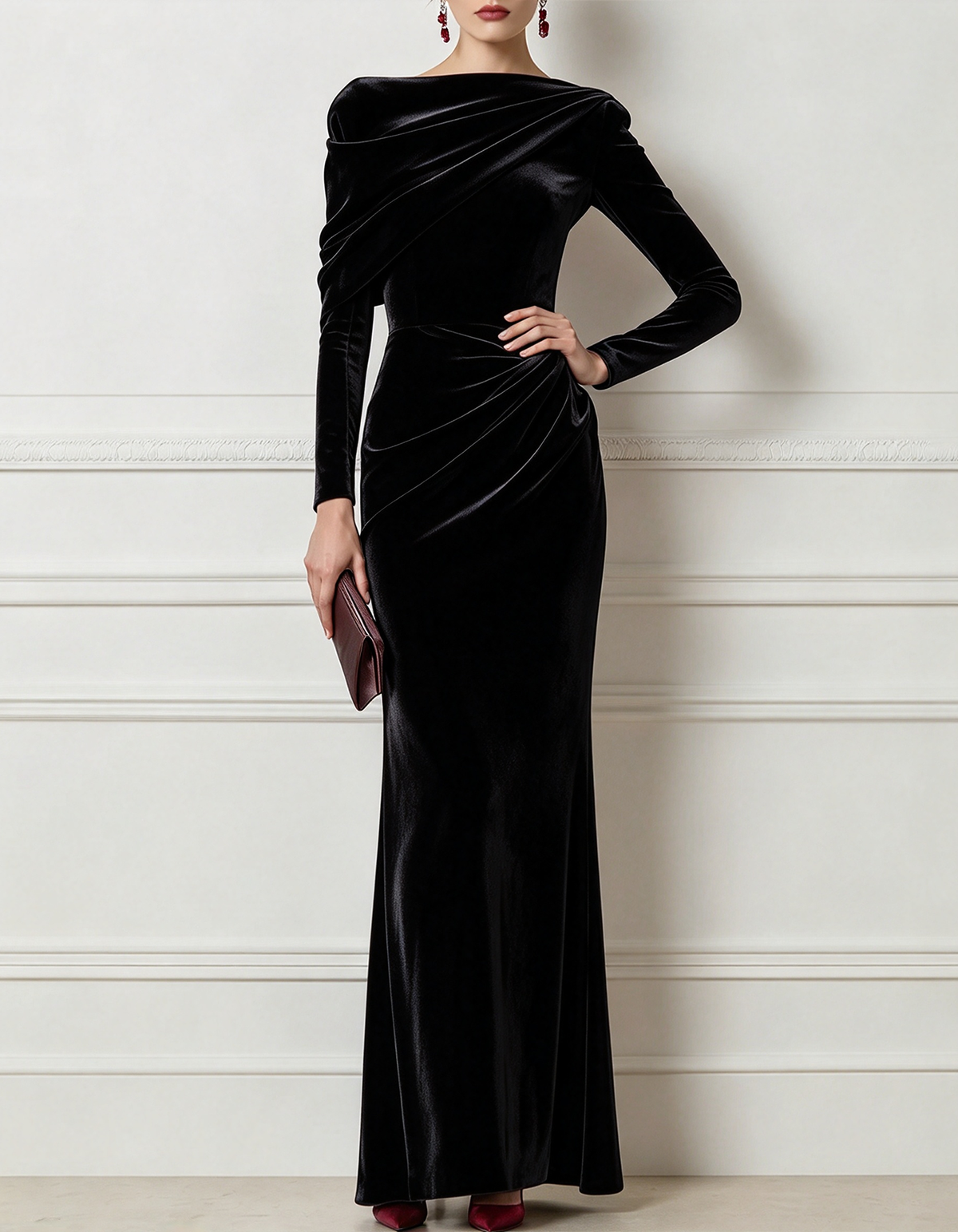 Vestido maxi asimétrico de terciopelo drapeado burdeos