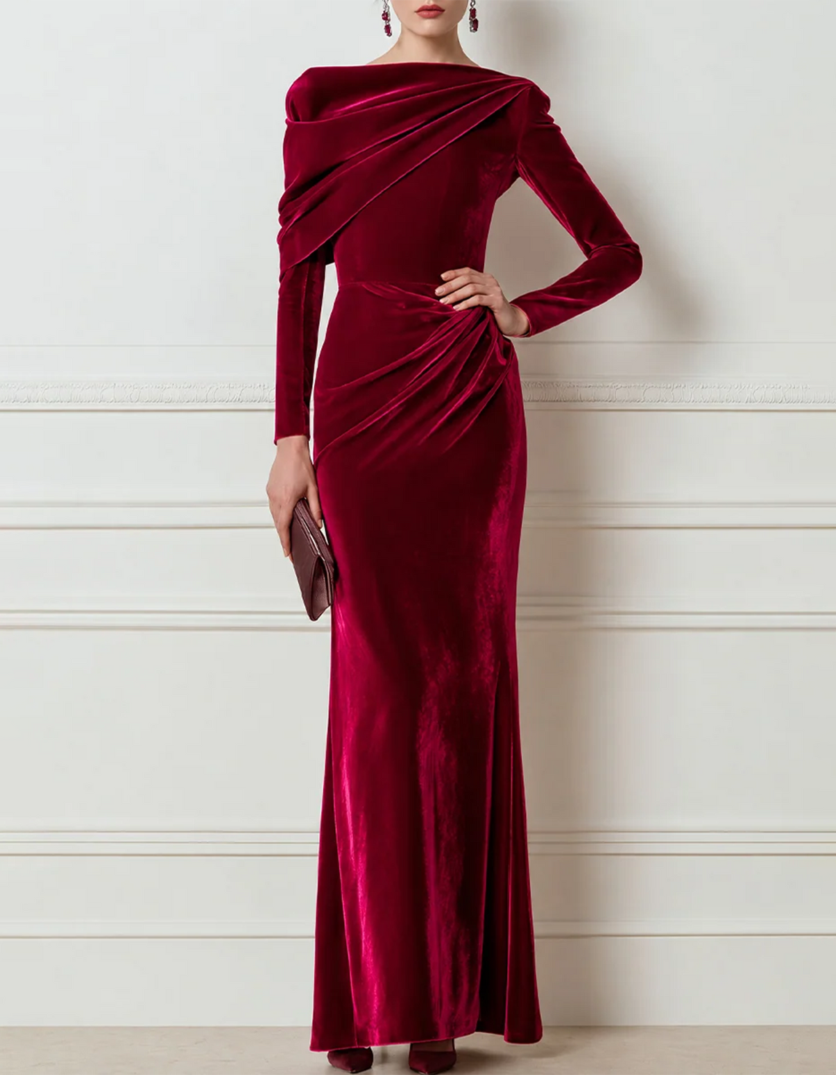 Vestido maxi asimétrico de terciopelo drapeado burdeos