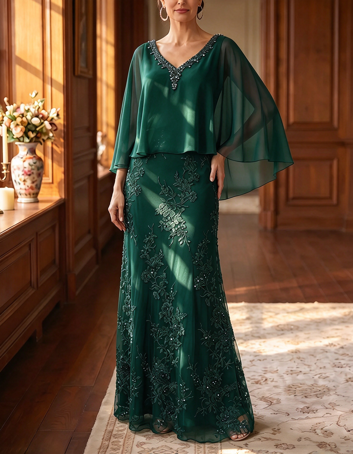 Vestido maxi de encaje de gasa azul marino con mangas capa cortas y escote en V con cuentas