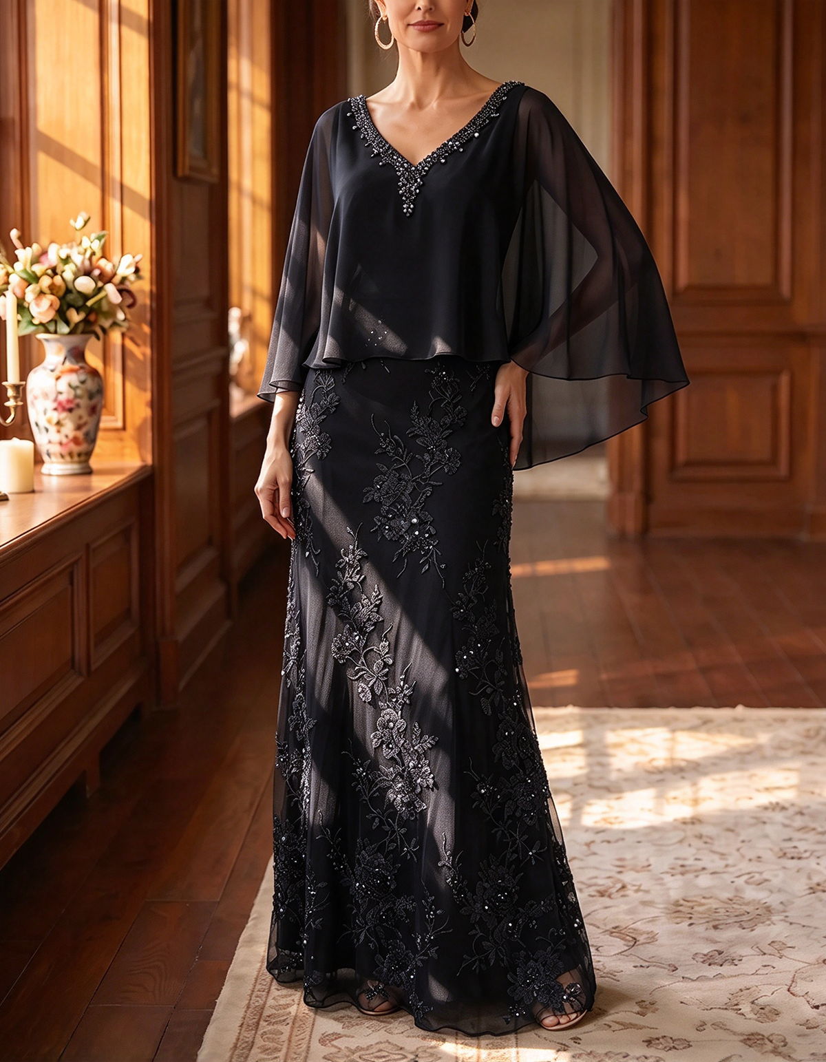 Vestido maxi de encaje de gasa azul marino con mangas capa cortas y escote en V con cuentas