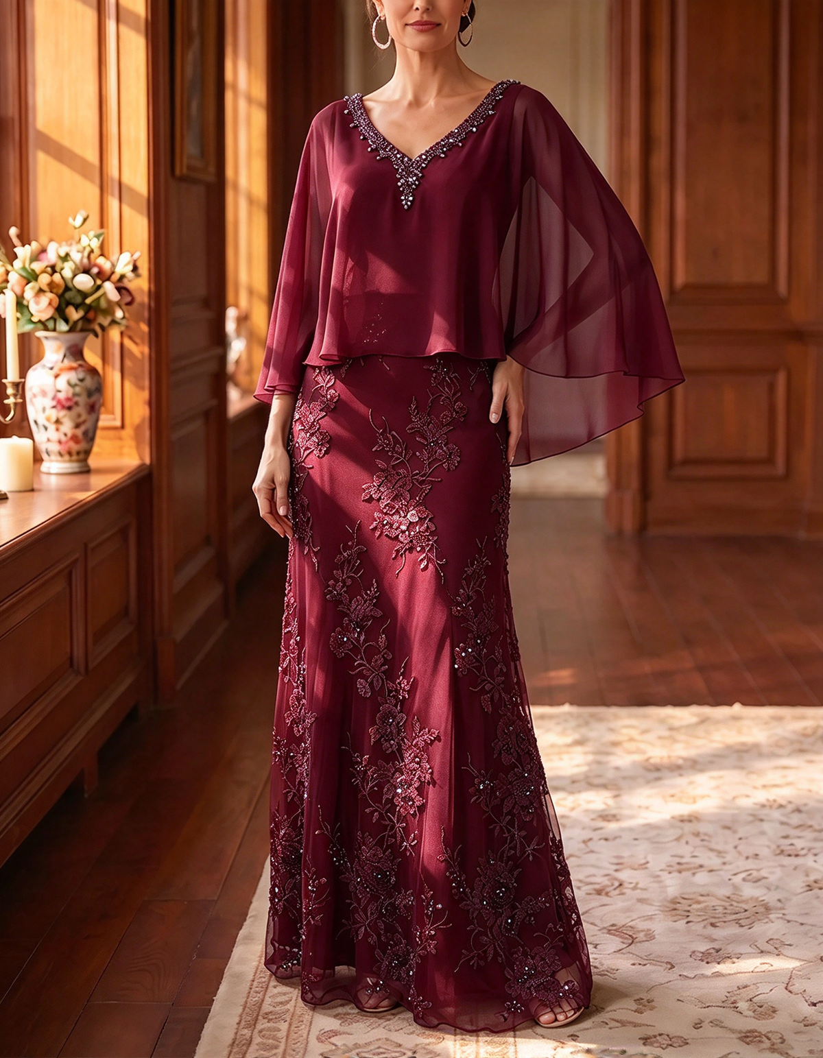 Vestido maxi de encaje de gasa azul marino con mangas capa cortas y escote en V con cuentas