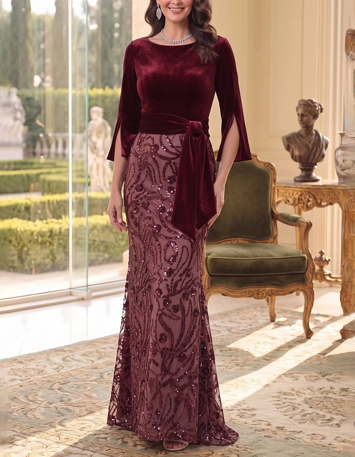 Vestido maxi de encaje de terciopelo y lentejuelas burdeos con mangas tres cuartos