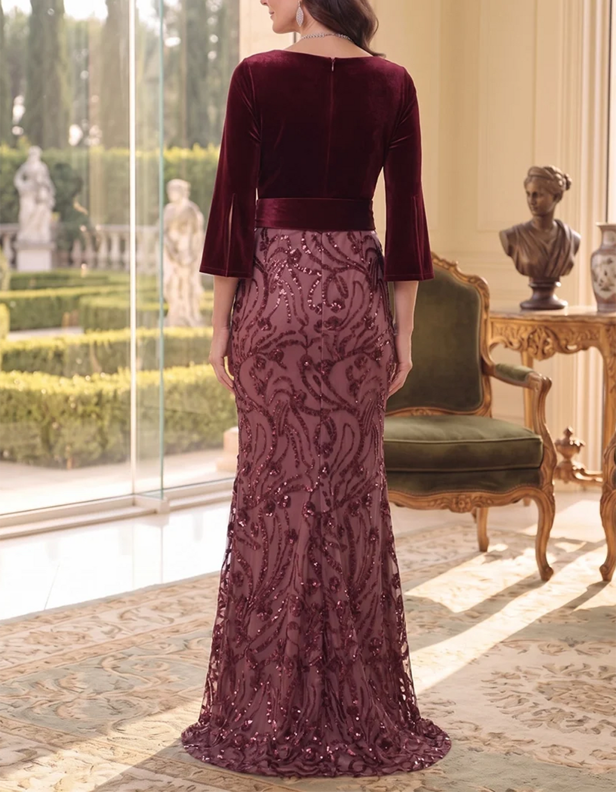 Vestido maxi de encaje de terciopelo y lentejuelas burdeos con mangas tres cuartos
