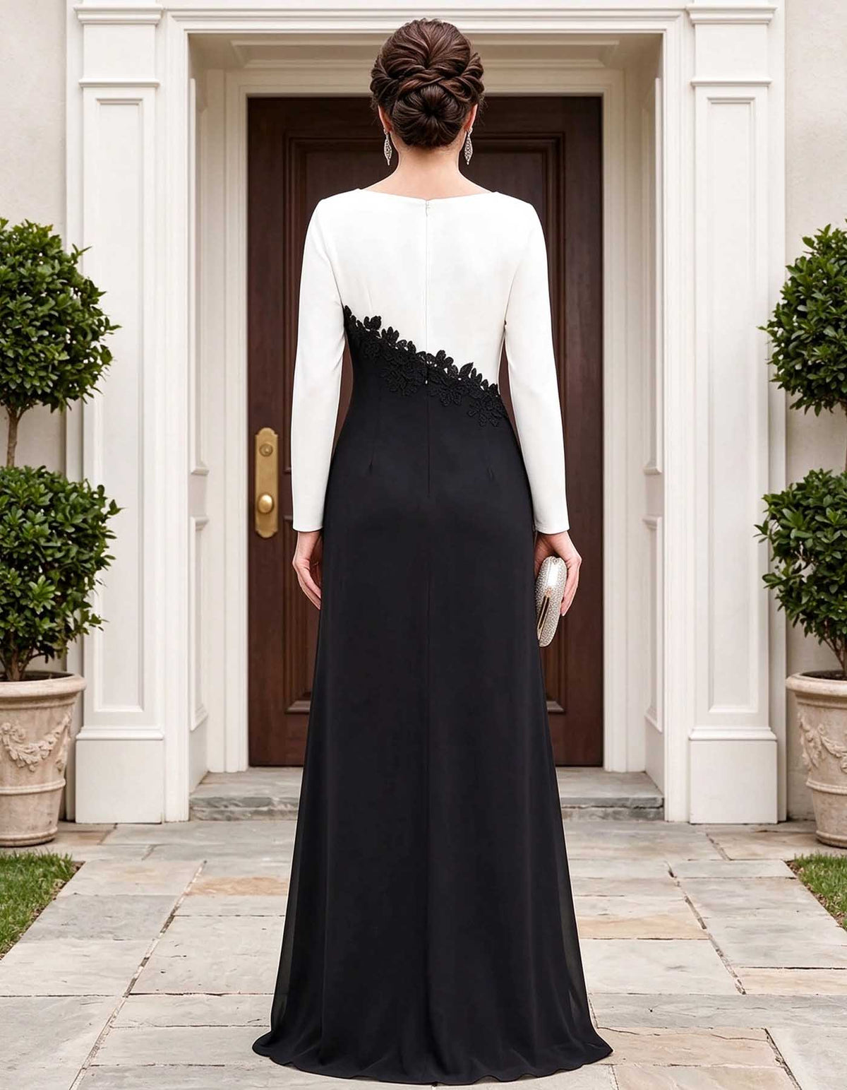 Black White Color Block Long Sleeve Chiffon Maxi Dress