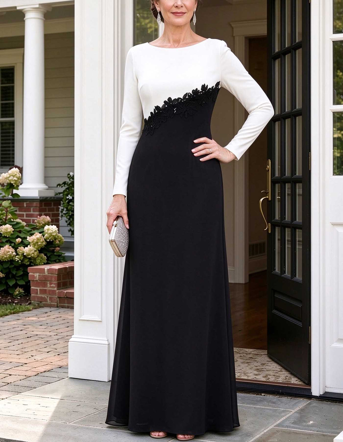 Black White Color Block Long Sleeve Chiffon Maxi Dress