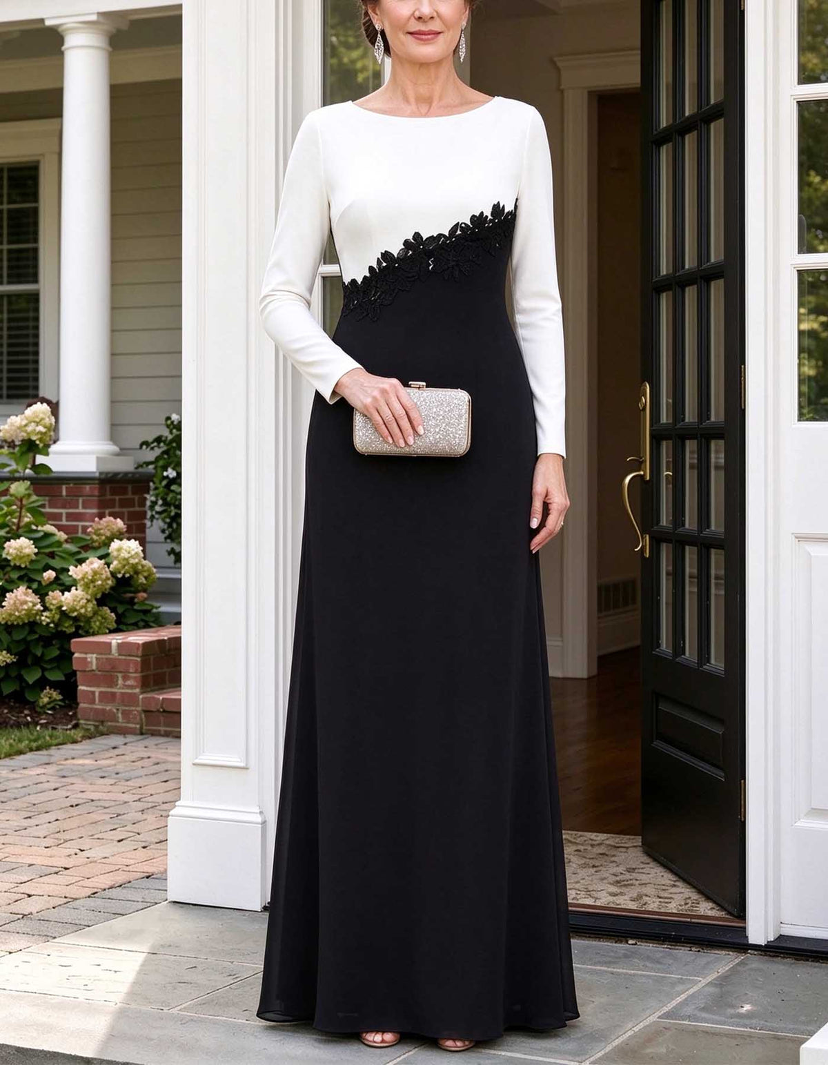 Black White Color Block Long Sleeve Chiffon Maxi Dress