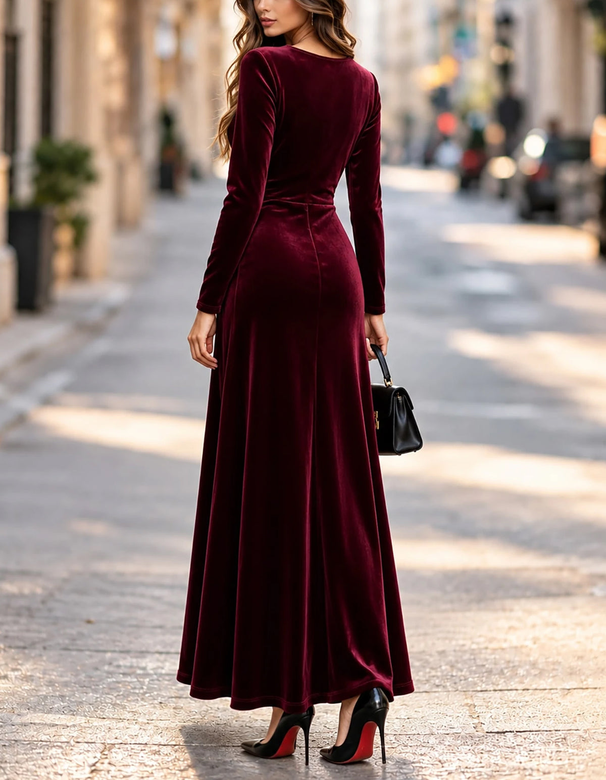 Burgundy Velvet V-Neck Long Sleeve Maxi Dress