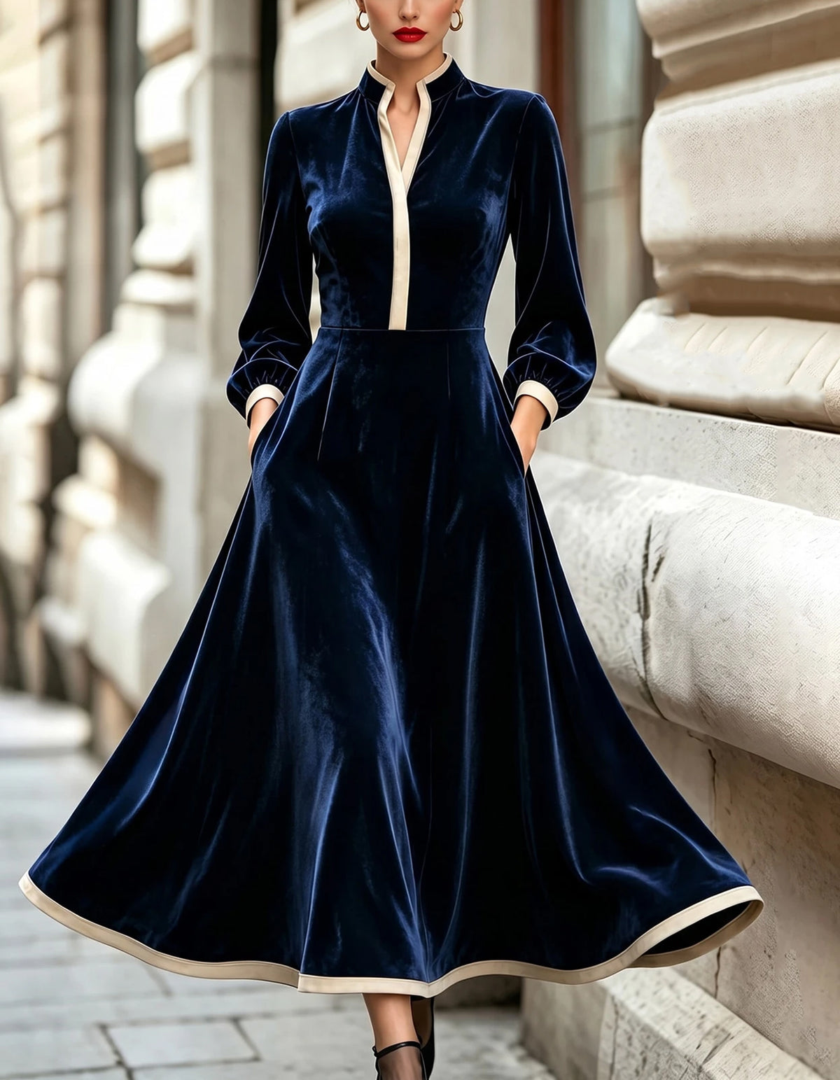 Vestido midi azul-marinho de veludo com gola subida