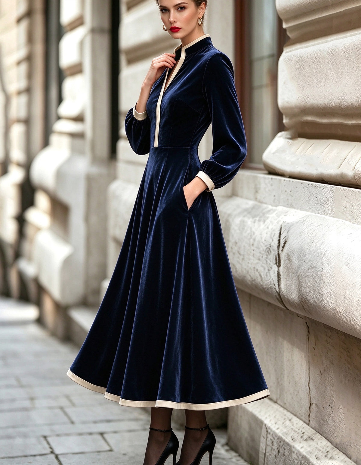Vestido midi azul-marinho de veludo com gola subida