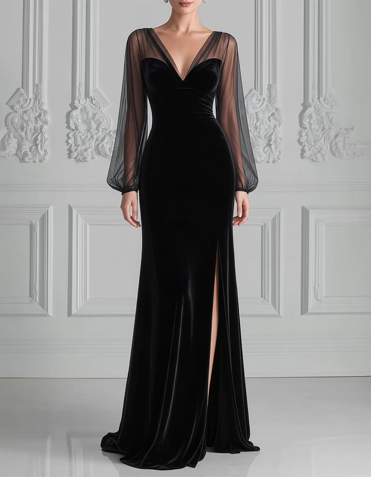 Black Deep V Sheer Tulle Velvet Mermaid Maxi Dress
