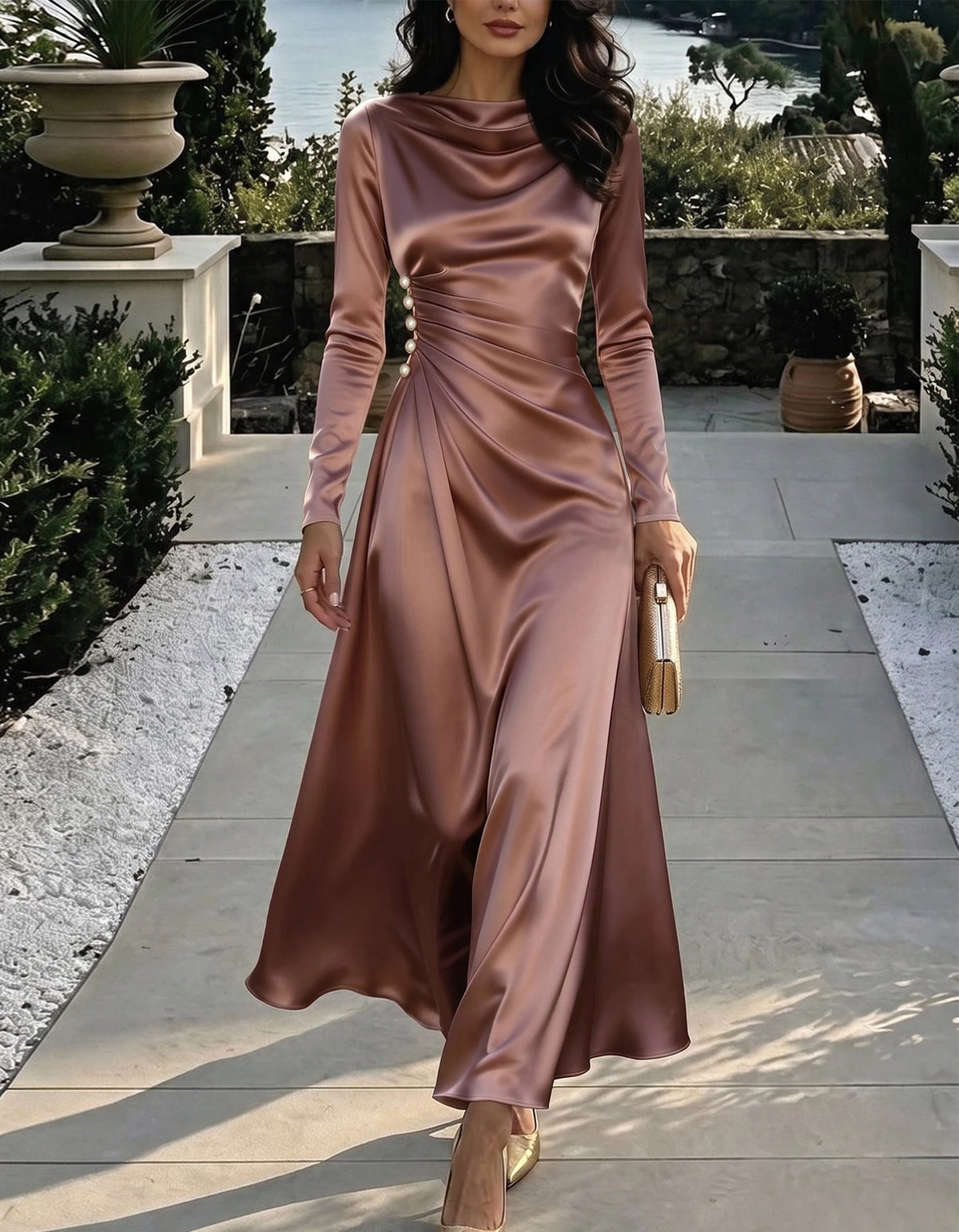 Maxikleid aus Altrosa-Satin mit drapiertem Ausschnitt