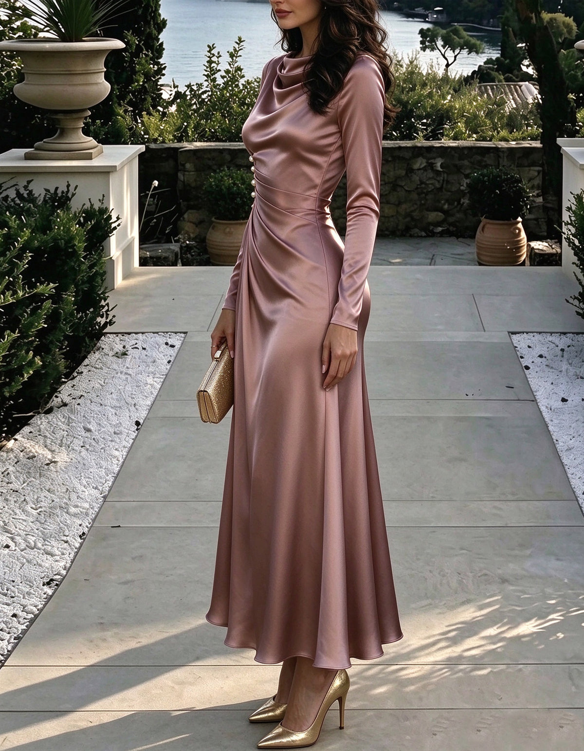 Maxikleid aus Altrosa-Satin mit drapiertem Ausschnitt