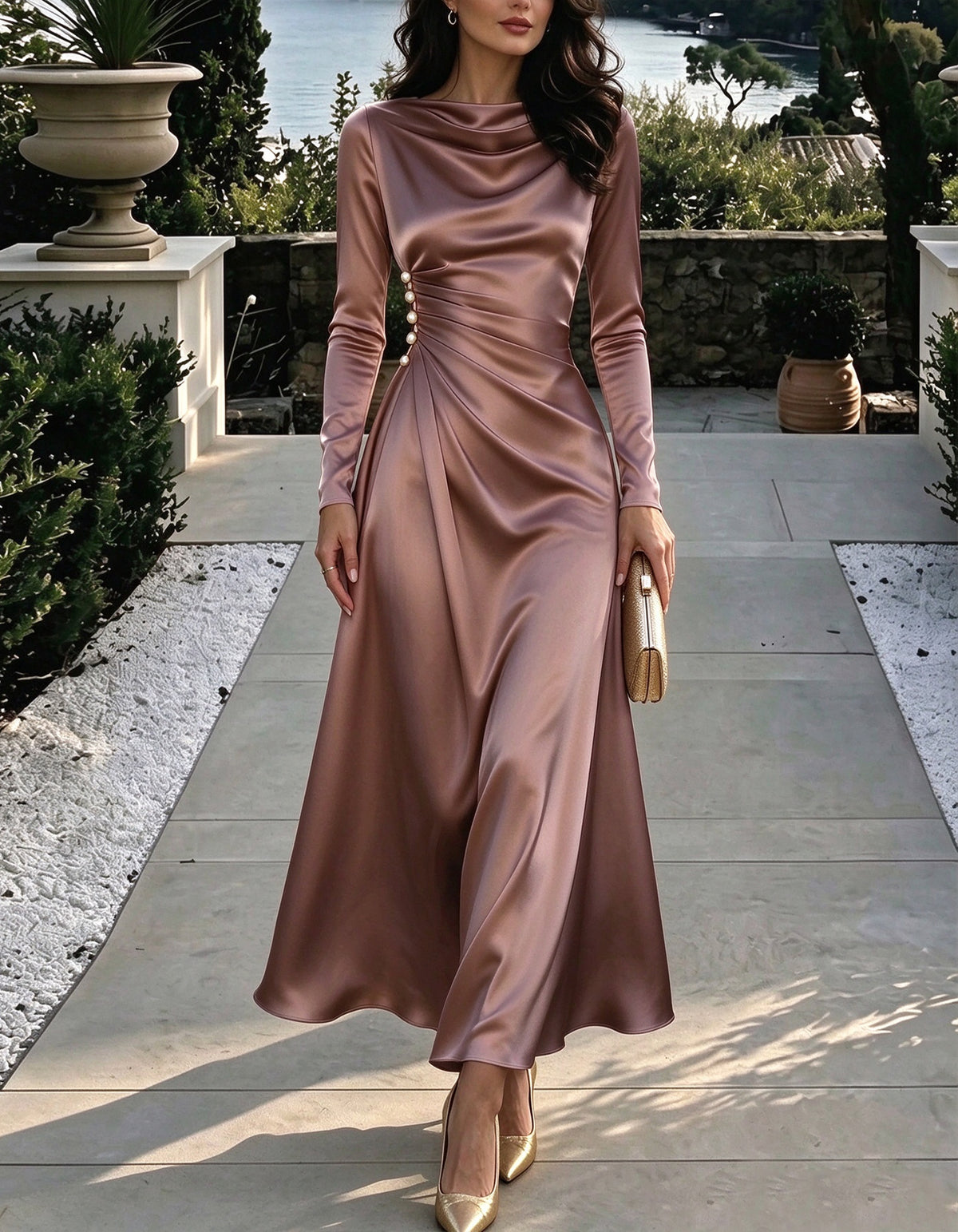 Maxikleid aus Altrosa-Satin mit drapiertem Ausschnitt