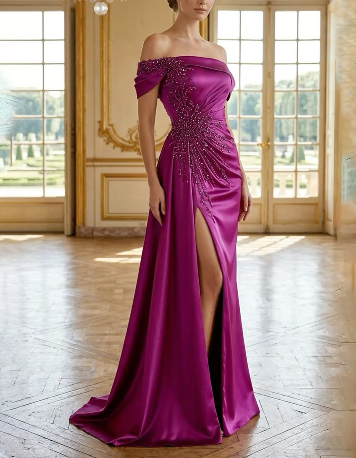 Rochie maxi bordo din satin, cu umerii goi și crăpătură înaltă